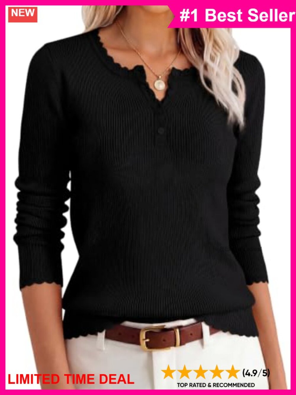 Womens Long Sleeve Scallop Trim Henley Sweater Ribbed Knit Slim Fit Pullover
